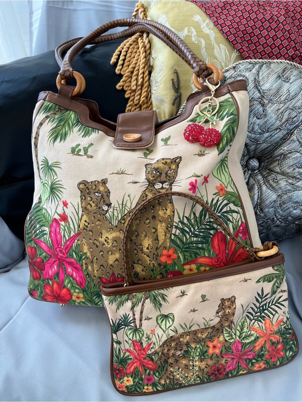 Canvas Leopard Print Tote with Floral Accents and sparkles, NWOT